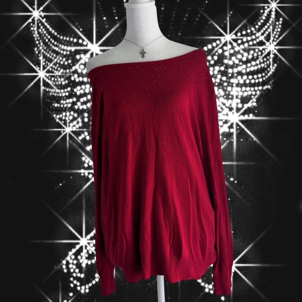elevated basic embellished red long sleeve light knit glam top